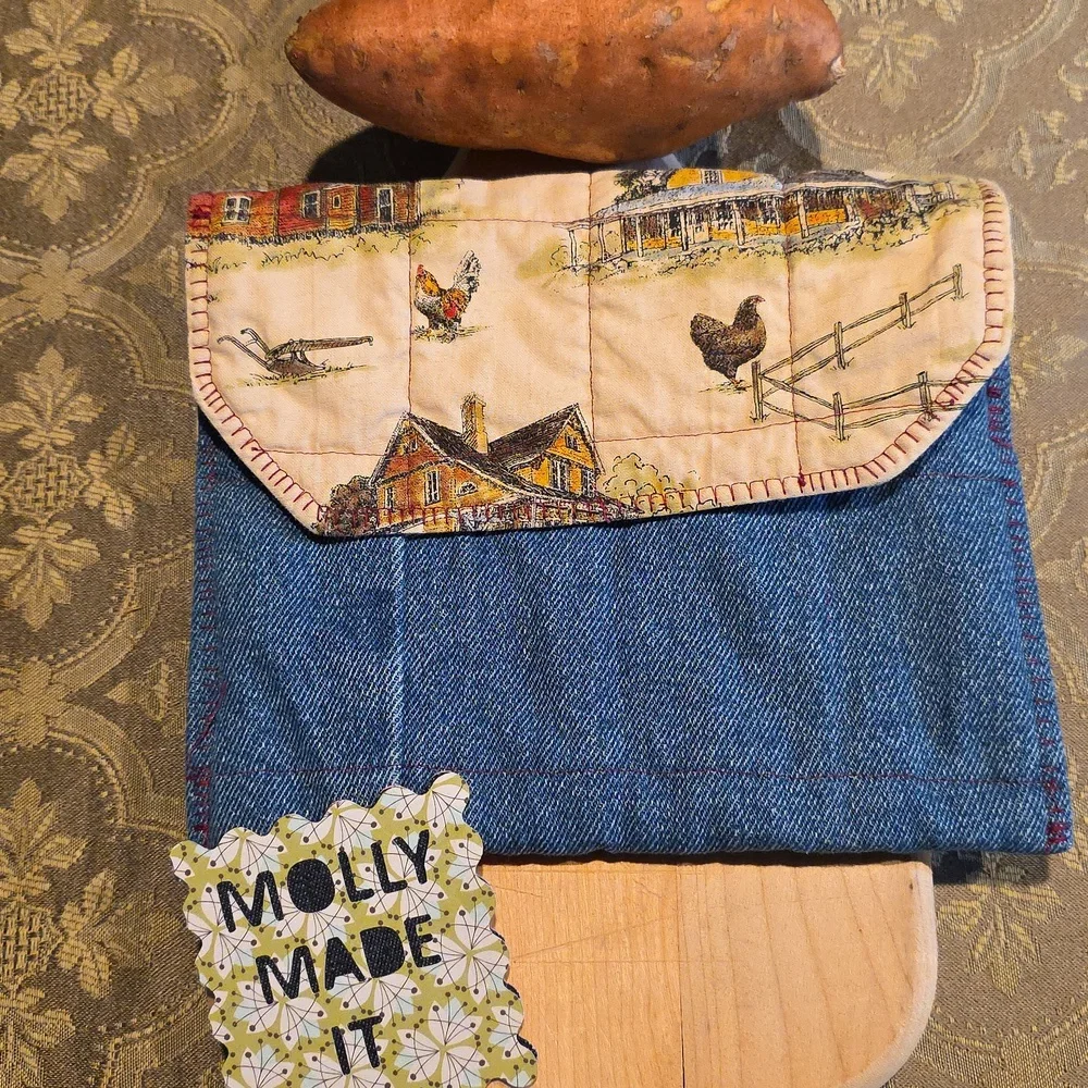 HAND CRAFTED Potato Pouch Microwave UPCYCLE Blue Denim Cotton Farmhouse 8.5 Inch